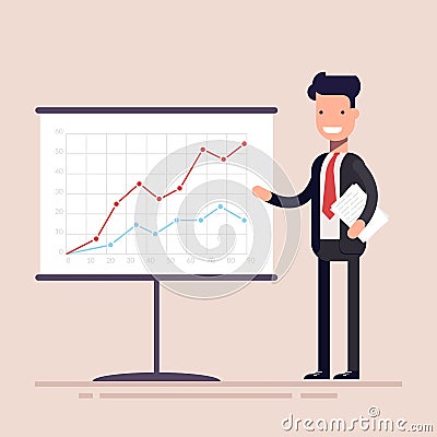 Businessman or manager with documents in his hands demonstrates the income schedule. Presentation of revenue growth for Vector Illustration