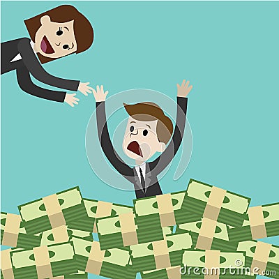 Businessman or manager drown in his money. Money absorb him, but partner try to help him. Team work. Partnership. Huge Vector Illustration