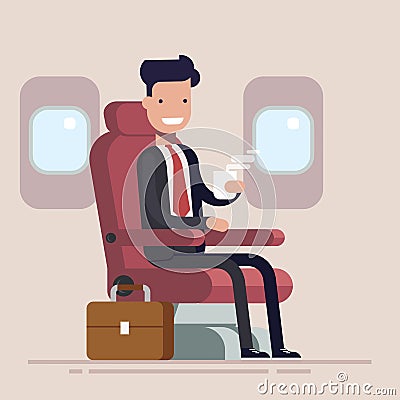 Businessman or manager flies in an airplane. Passenger man character sitting in chair and relax in business class Vector Illustration