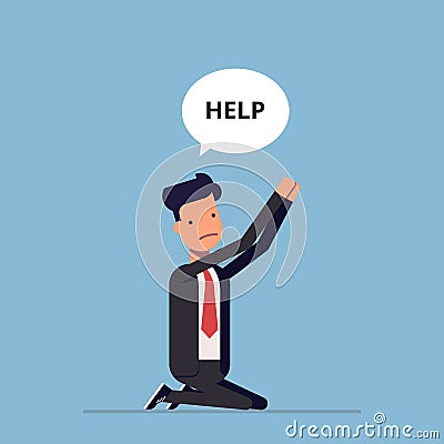 Businessman or manager is on his knees and ask for help. Man in a business suit praying. Vector, illustration EPS10. Vector Illustration