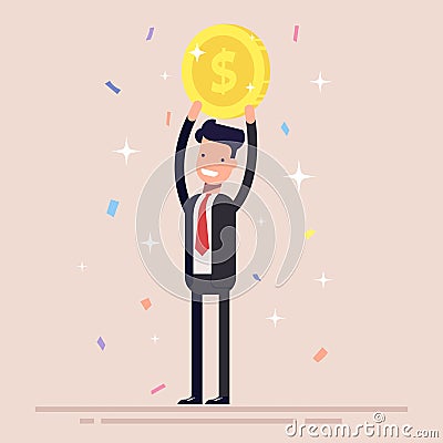 Businessman or manager holds a gold coin over his head. Man in the business suit won the prize. Confetti and tinsel Vector Illustration