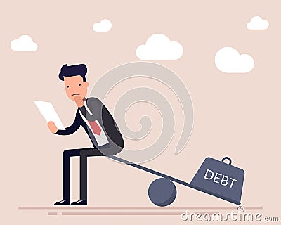 Businessman or a manager with a loan agreement sits on the scales. The severity of a financial debt. Heavy burden. Flat Vector Illustration