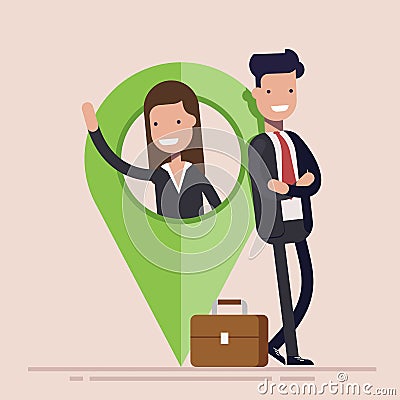 Businessman or manager, man and woman with map pointer. Business location. Flat vector illustration. Vector Illustration