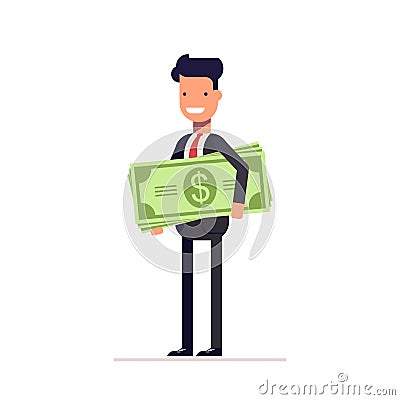 Businessman or manager with money in hand. The employee received a salary. Man holds large amount of dollars. Vector Vector Illustration