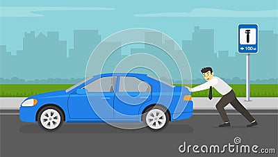 Businessman or manager pushing a broken car on city road. Summer time. Vector Illustration