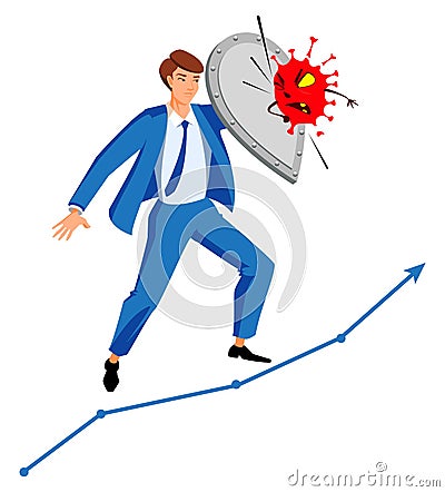 Businessman manager with shield against coronavirus. Crisis management in business during epidemic Vector Illustration