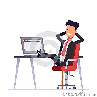 Businessman or manager sits in a chair, his feet on the table. Successful man having rest on workplace in office. Vector Vector Illustration