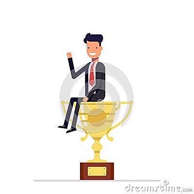 Businessman or manager is sitting on a big cup. Man in business suit won first place and received the prize. Vector Vector Illustration