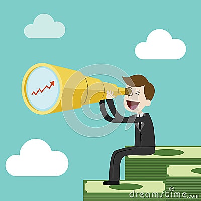 Businessman or manager is sitting on a big pile of money. Looking for profit Vector Illustration