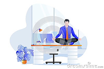 Businessman manager sitting in lotus pose on office desk. Office yoga break. Vector illustration. Relaxing time at work Vector Illustration