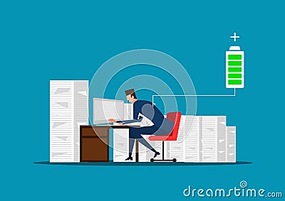 Businessman or manager sitting near the pile of documents. full energy to work. charged battery. illustration Vector Illustration
