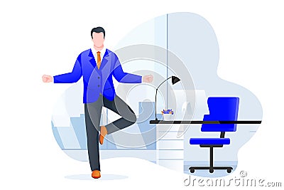 Businessman stands in tree pose vrksasana. Office yoga break. Vector character illustration. Relaxing time at work Vector Illustration