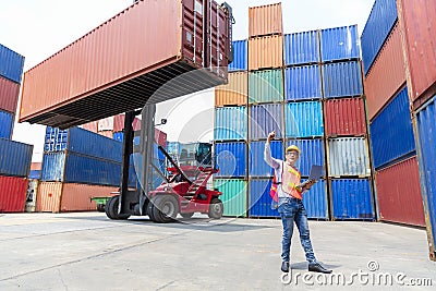 Businessman manager touching computer laptop check and control for workers with container Stock Photo