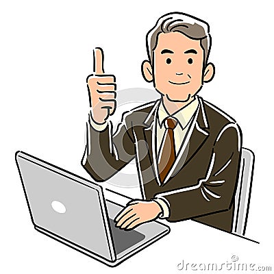 A businessman in a managerial position who operates a personal computer raises the thumbs up Vector Illustration