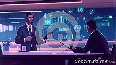 Businessman managing smart home devices using smart home automation app on tablet, controlling lights, temperature, and security Stock Photo