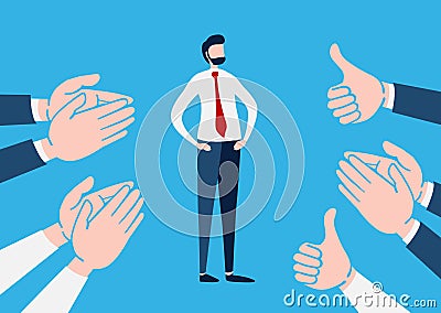 Businessman with many Hands clapping ovation and thumps up, applaud hands. Flat cartoon character. Vector illustration Vector Illustration