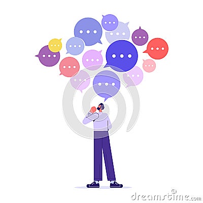 Businessman with many speech bubbles, thinking, strategy and brainstorming for idea Vector Illustration