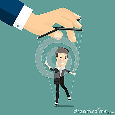 Businessman marionette on ropes controlled hand. Business concept cartoon illustration Vector Illustration