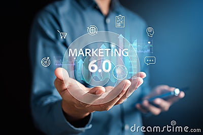Businessman with Marketing 6.0 on digital business using ai tech and data analytics with IOT Connecting blockchain online Stock Photo