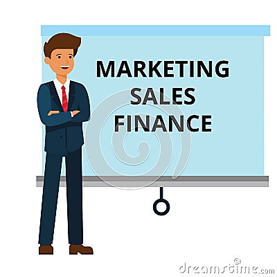 Businessman with marketing, finance, sales presentation cartoon flat vector illustration concept on isolated white Vector Illustration