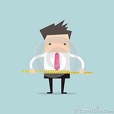 Businessman measuring his waist with measure tape. Vector Illustration