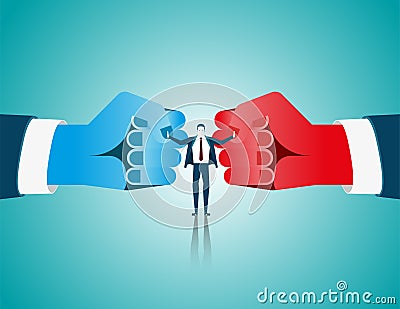 Businessman mediate with lawyer separating two fist glove opposing competitors as an arbitration success. Concept business Vector Illustration