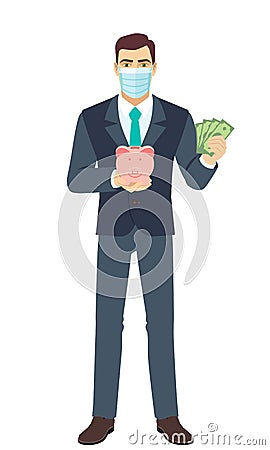 Businessman with medical mask holding a piggy bank and showing a money. Full length portrait of Businessman in a flat style Vector Illustration