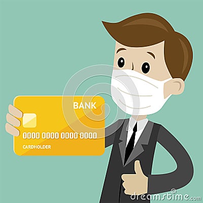 Businessman in medical mask holds credit card in his hand and has profit. Succsessful business. Coronavirus epidemic Vector Illustration