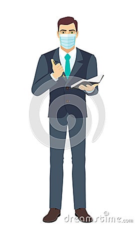 Businessman with medical mask with pen and pocketbook. Full length portrait of Businessman in a flat style Vector Illustration