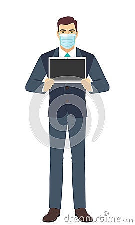 Businessman with medical mask showing blank digital tablet PC. Full length portrait of Businessman in a flat style Vector Illustration