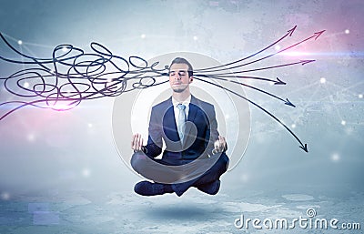 Businessman meditates with purifying doodle concept Stock Photo