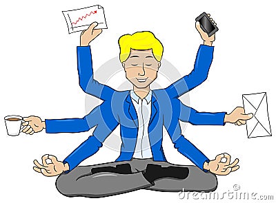 Businessman meditating in lotus position and does a lot of work Vector Illustration