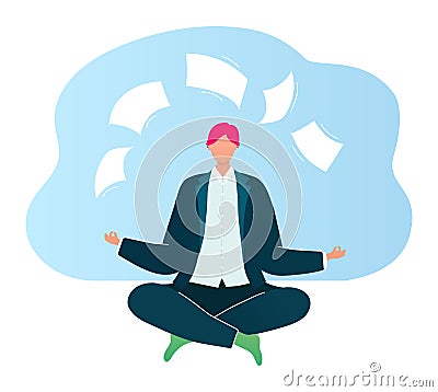 Businessman meditating in lotus position with floating papers around. Mindful meditation practice in work environment Cartoon Illustration