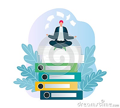 Businessman meditating on stack of books, calm male professional in lotus pose, mindfulness. Work-life balance and Vector Illustration