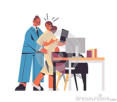businessman molesting female employee sexual harassment at workplace businesswoman feeling disgusted Vector Illustration