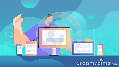 businessman monitoring information on different devices adaptive responsive web design application development Vector Illustration