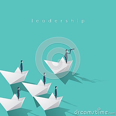 Businessman with monocular on paper boat as a symbol of business leadership. Visionary leading team, teamwork concept. Vector Illustration