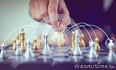 Businessman moving chess figure and brain network for plan strategy for success. leadership with management concept. Stock Photo