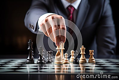 Businessman moving chess piece on chess board game. Generative AI Stock Photo