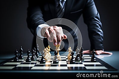 Businessman moving chess piece on chess board game Stock Photo