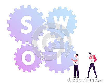 Businessman Moving Huge Cogwheels with Swot Typography, Businesswoman Looking through Spyglass Vector Illustration