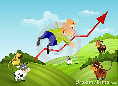 Businessman moving up the red arrow to the sky. Cartoon Illustration