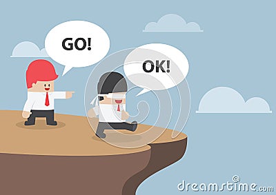 Businessman navigate his Blindfolded friend to the cliff Vector Illustration