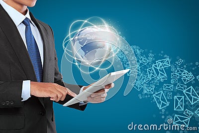 Businessman navigating in virtual reality interface Stock Photo