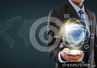 Businessman navigating in virtual reality interface Stock Photo