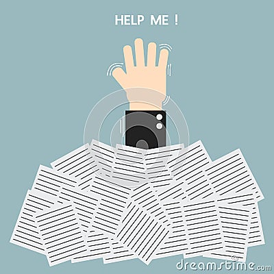 Businessman need help under a lot of white paper Vector Illustration