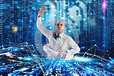 Businessman needs help to surf the internet. Internet exploration problem concept Stock Photo