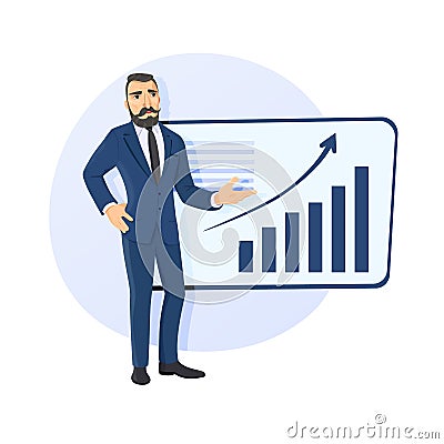 Businessman and nfographic board. Businessman show thumb up. Vector Illustration