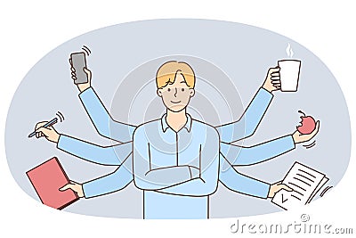 Businessman with numerous tasks multitask Vector Illustration