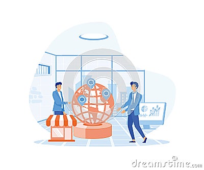 businessman offering Franchise, trading network shop to the world map business concept. Vector Illustration